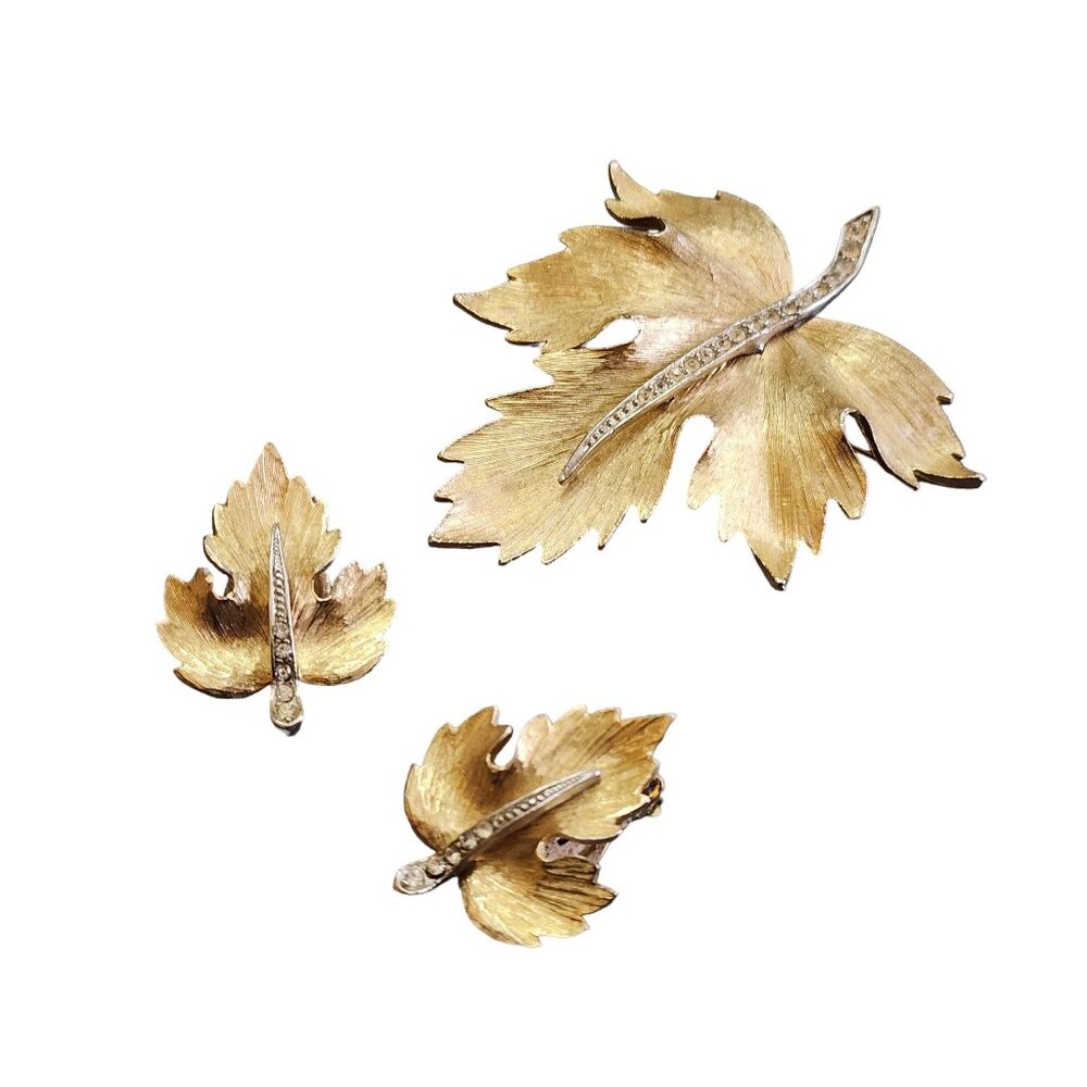 Vintage Brushed Matte Gold And Rhinestone Leaf Brooch And Earrings Set (A6191)